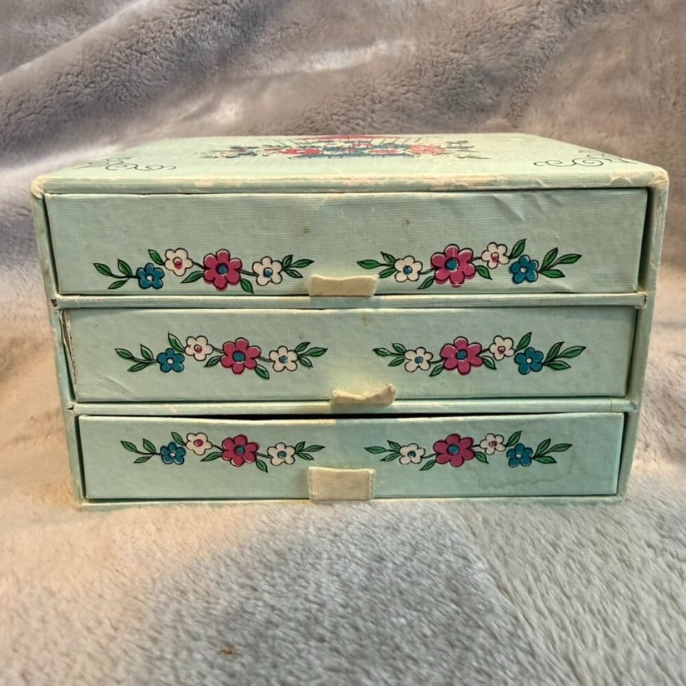 Vintage 1967 Dan-Dee Imports Cardboard Keepsake Jewelry Box 3-Drawer Floral